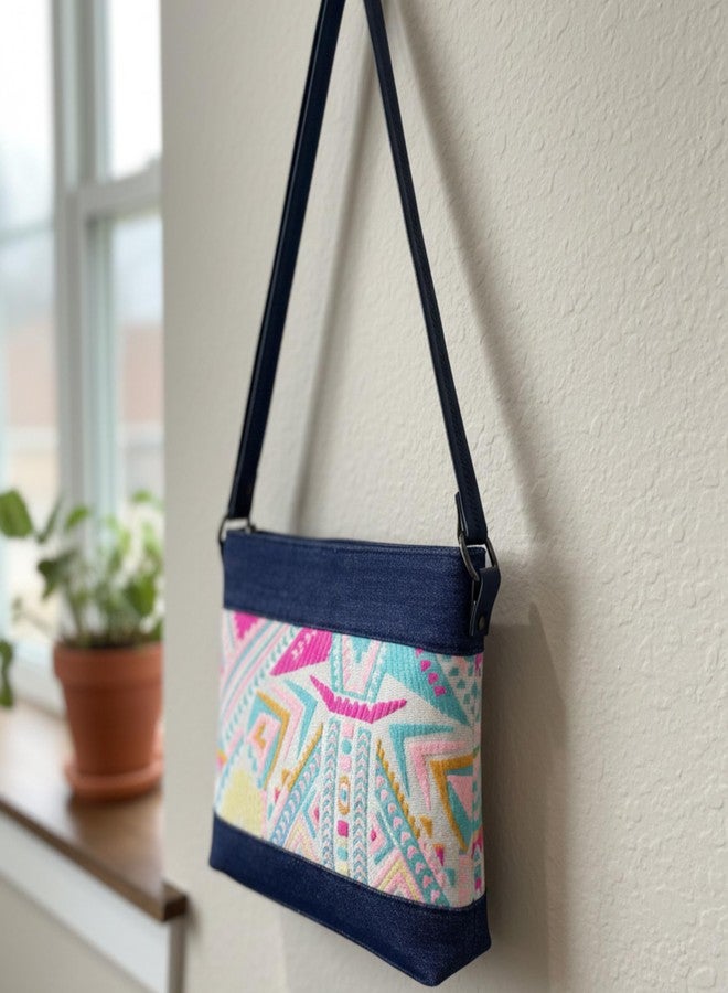 OWT Crossbody Bag for Girls and Women | Made with Durable Denim and Vegan Leather Material | Carefully Handcrafted | Zip Closure | Adjustable Straps | Multicolor handcrafted denim sling bag - Image 4